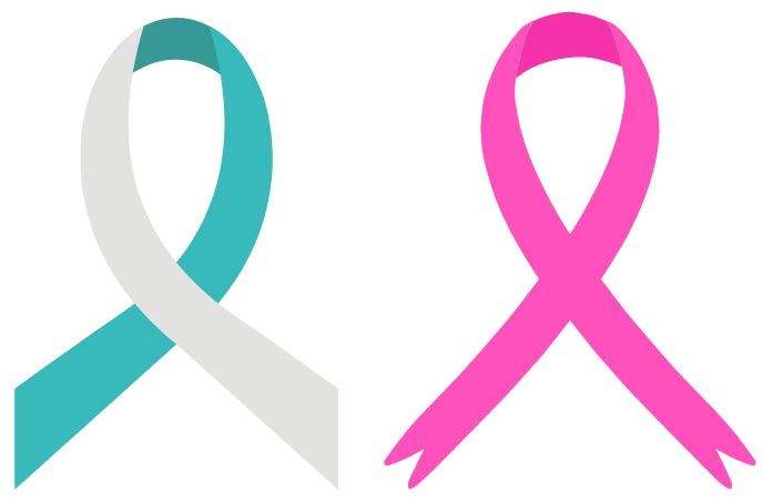 The teal and white cervical cancer ribbon and pink breast cancer ribbon.
